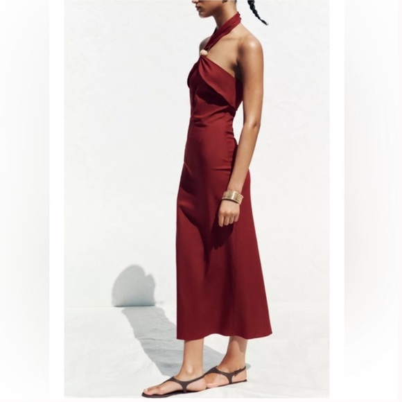 Zara NWT linen blend halter midi dress red 3379/723 - Picture 2 of 12